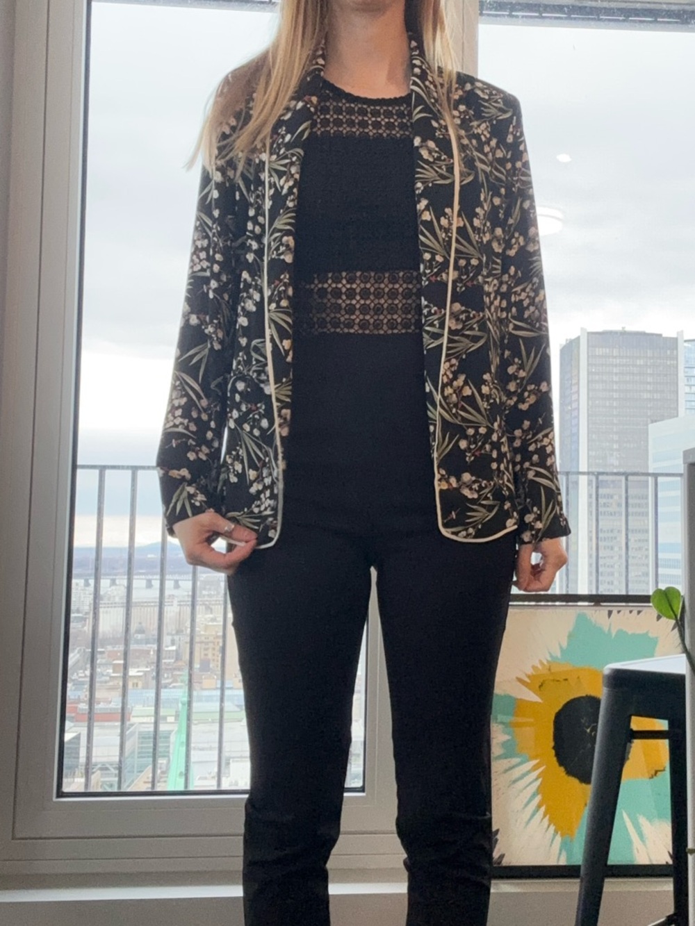 Black Floral Women's Jacket with Contrast Piping